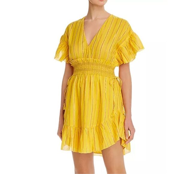 Saylor Adrianne Ruffle-Sleeve Mini Dress Yellow Metallic Size XS - Picture 1 of 9